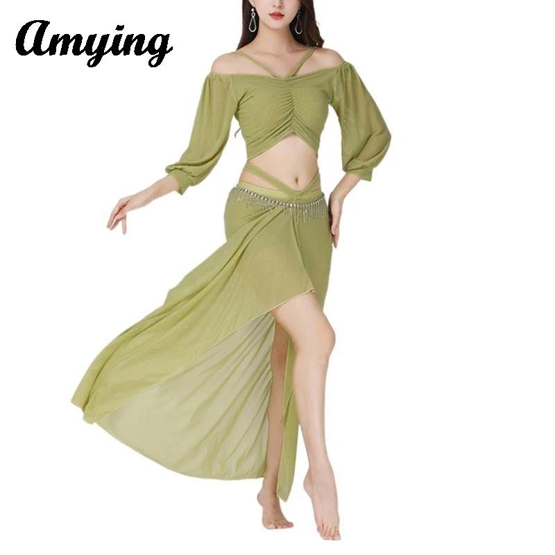 

Belly Dance Costume Set Ladies Large Size Slim Performance Clothing Practice Suit Training Dress Female Top And Split Long Skirt