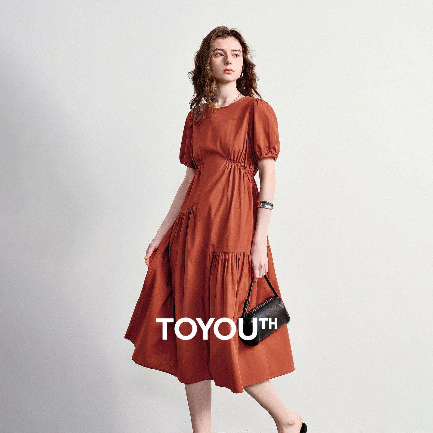 TOYOUTH Women Dress 2026 Summer New Pure Cotton Crew Neck Puff Sleeve Ruching Waist Cinched A-Line Trendy Dresses