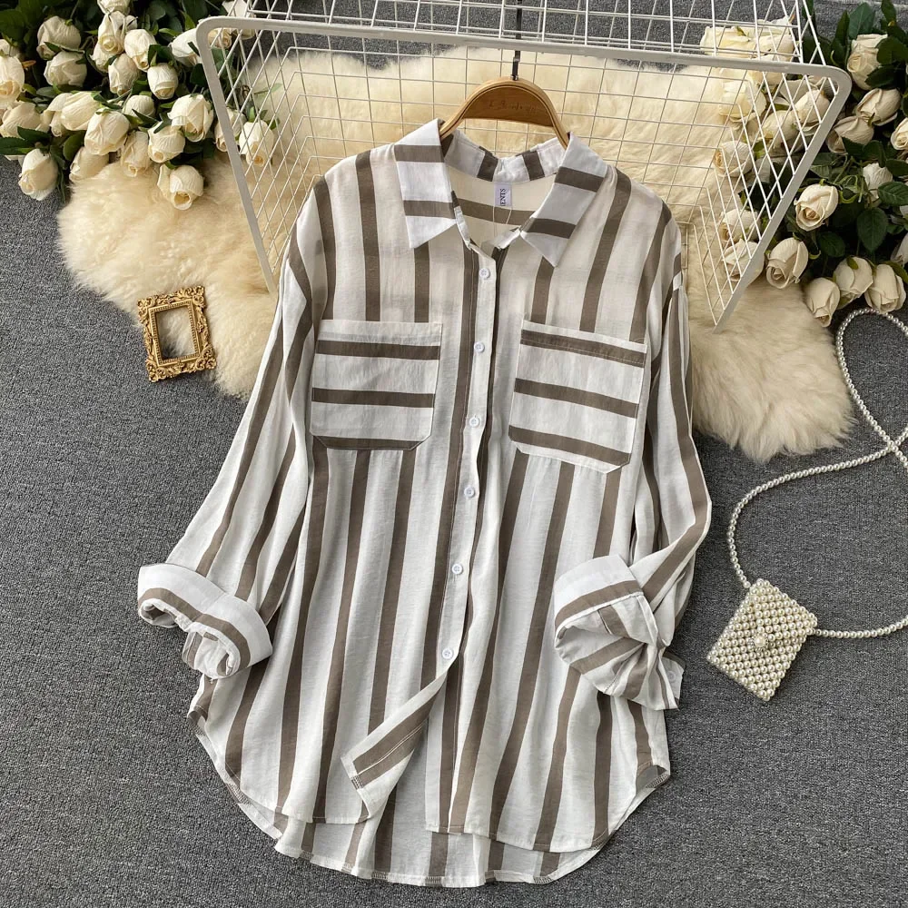 Office Lady Casual Loose Long Shirt Women Spring Summer Fashion Blouse Striped Overshirt Female Dropshipping Cheap Wholesale