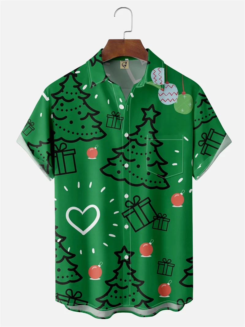 

3D Print Christmas Tree Graphic Costume Beach Shirts Men Women Short Sleeve Lapel Hawaiian Shirt Trendy Button Vacation Shirts
