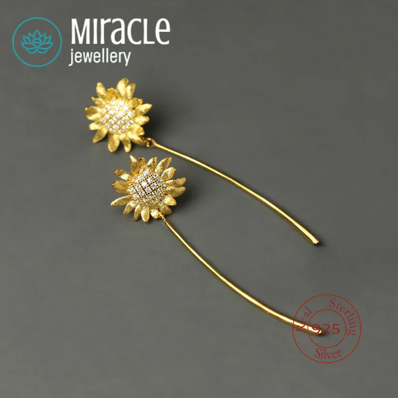 

Miracle Sterling Silver 925 Original Good Mood Elegant Niche Design Artistic Sunflower Tassel Flower Earrings