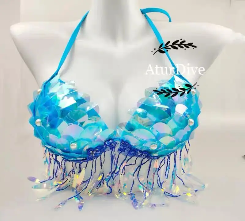 

Nightclub Dj Dance Bra Fish Scales Mermaid Shiny Rhinestone Women Performance Stage Tops