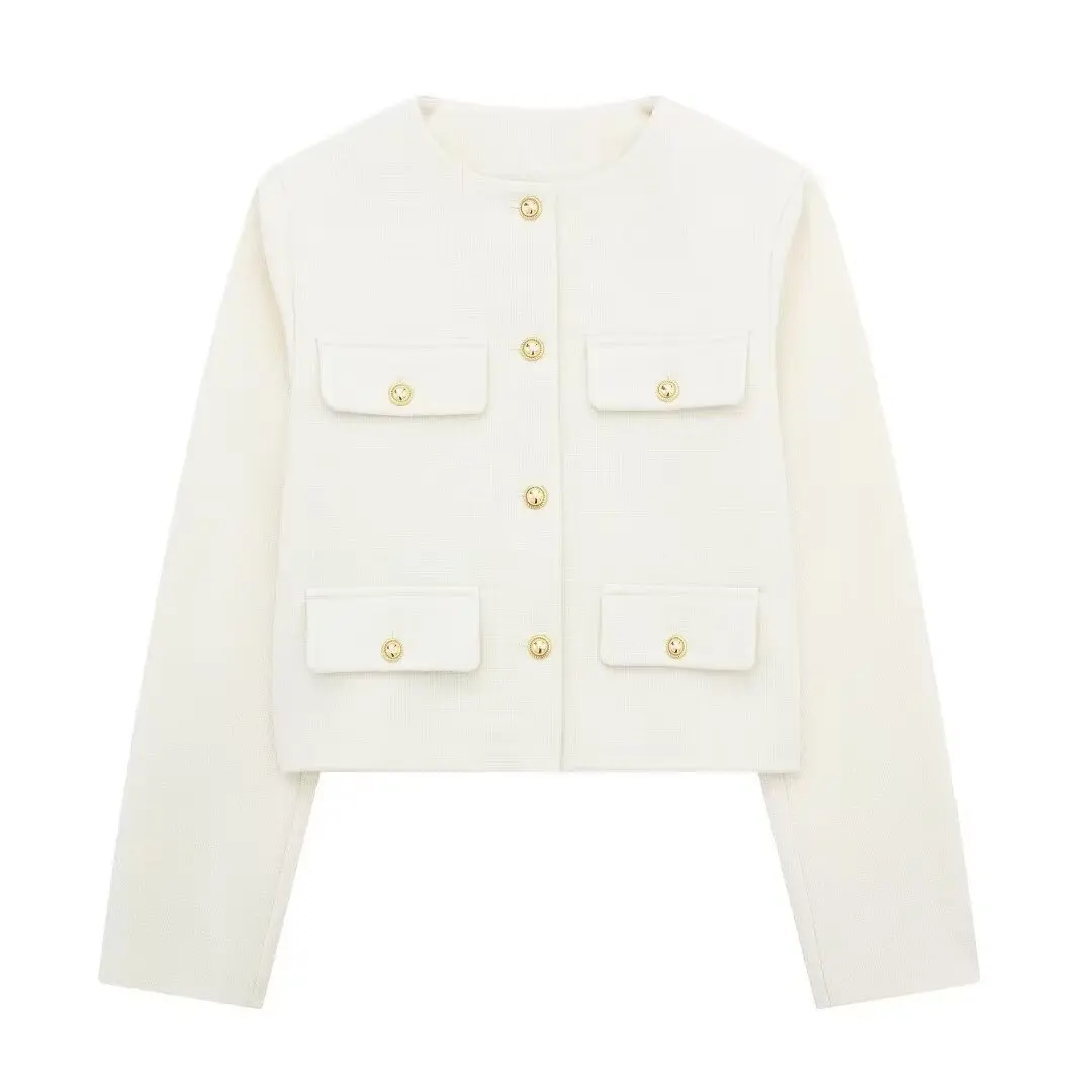 Autumn Winter Women Elegant  Solid Cardigan O Neck Short Coat With Pocket Single Breasted Jacket For Women Fashion Outwear 2024