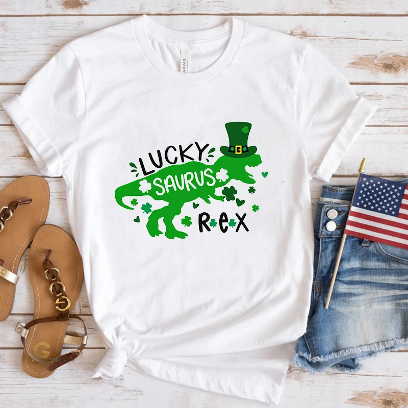 

Women Men Funny St. Patrick'S Day Lucky Saurus Rex Printed T-Shirt Summer Short Sleeved Tops