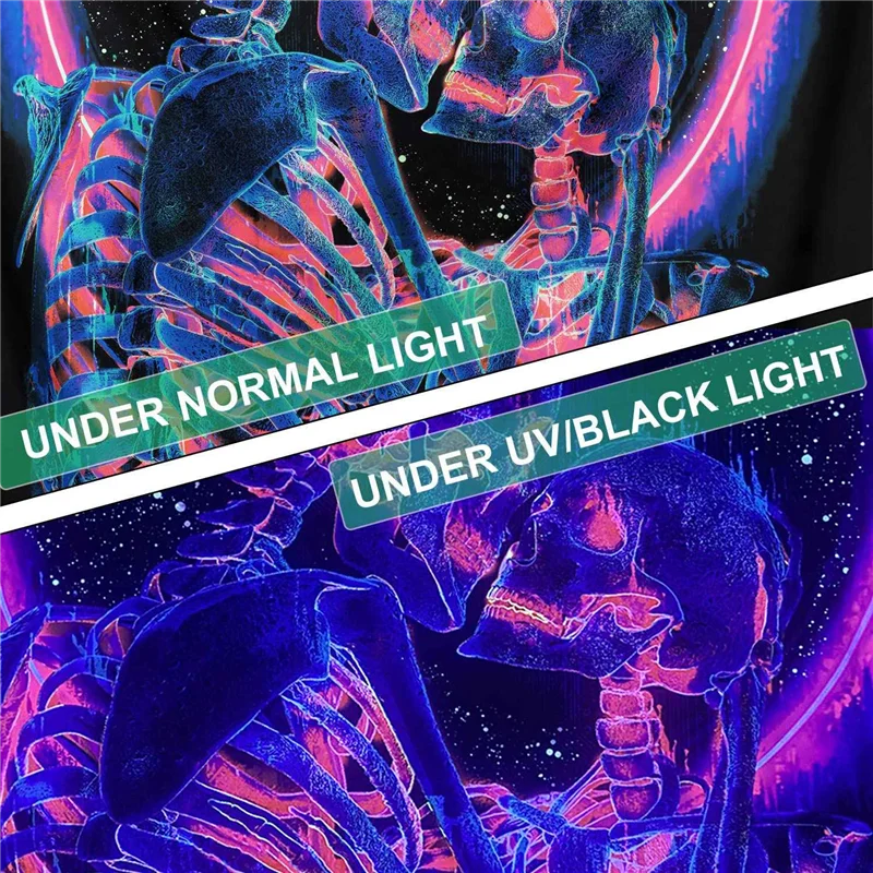 Blacklight Skull Tapestry, the Kissing Lovers Tapestry UV Reactive Trippy Psychedelic Neon Tapestries Glow