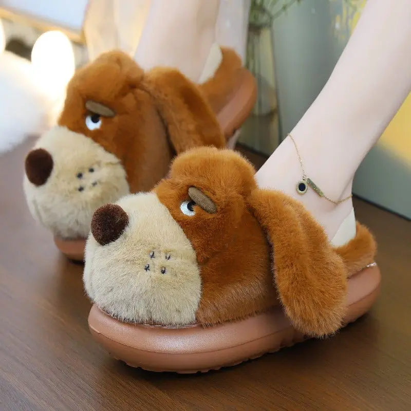 

Women's home slippers with dog fluffy indoor shoes ladies chunky fur slides shoes 2025 newest platfrom middle heeled slipper