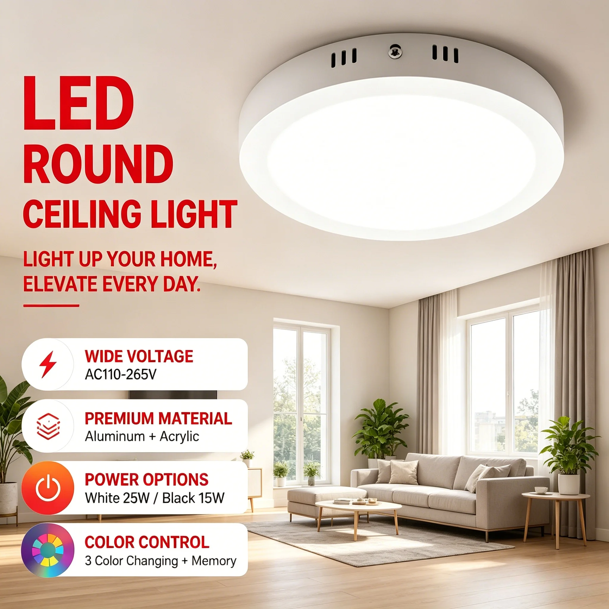 Downlight Memory Function Led Ceiling Light 3 Colors Ultra Thin Panel Light Indoor for Living Room Dining Corridor Ceiling Lamp