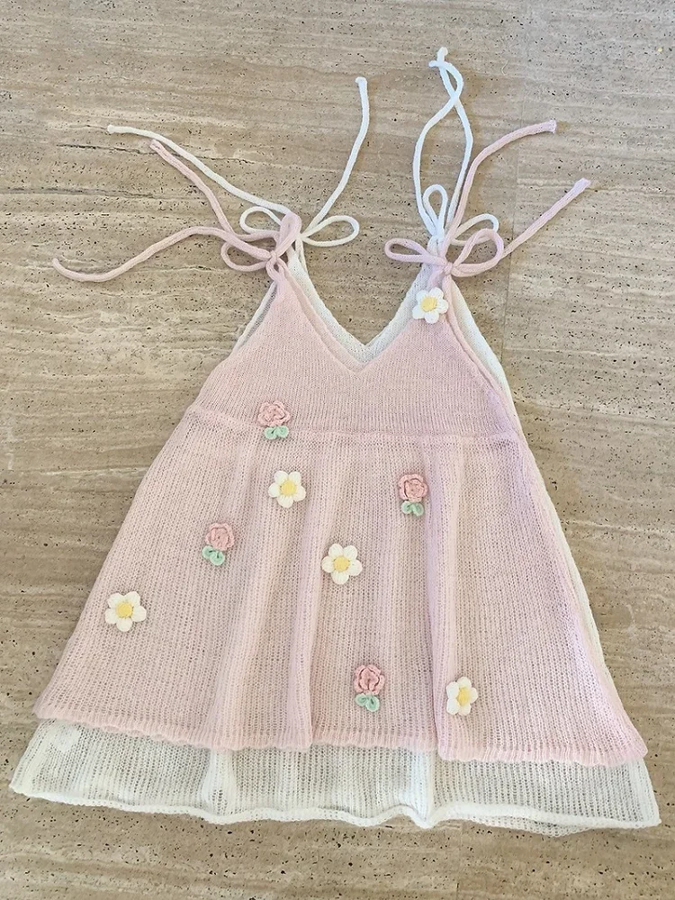 Imagem -06 - Conjunto de Cardigã Oco com Cordões Feminino Roupas Kawaii Doce Rosa Flores Laço Botões de Pérola Malha Vestidos com Várias Peças