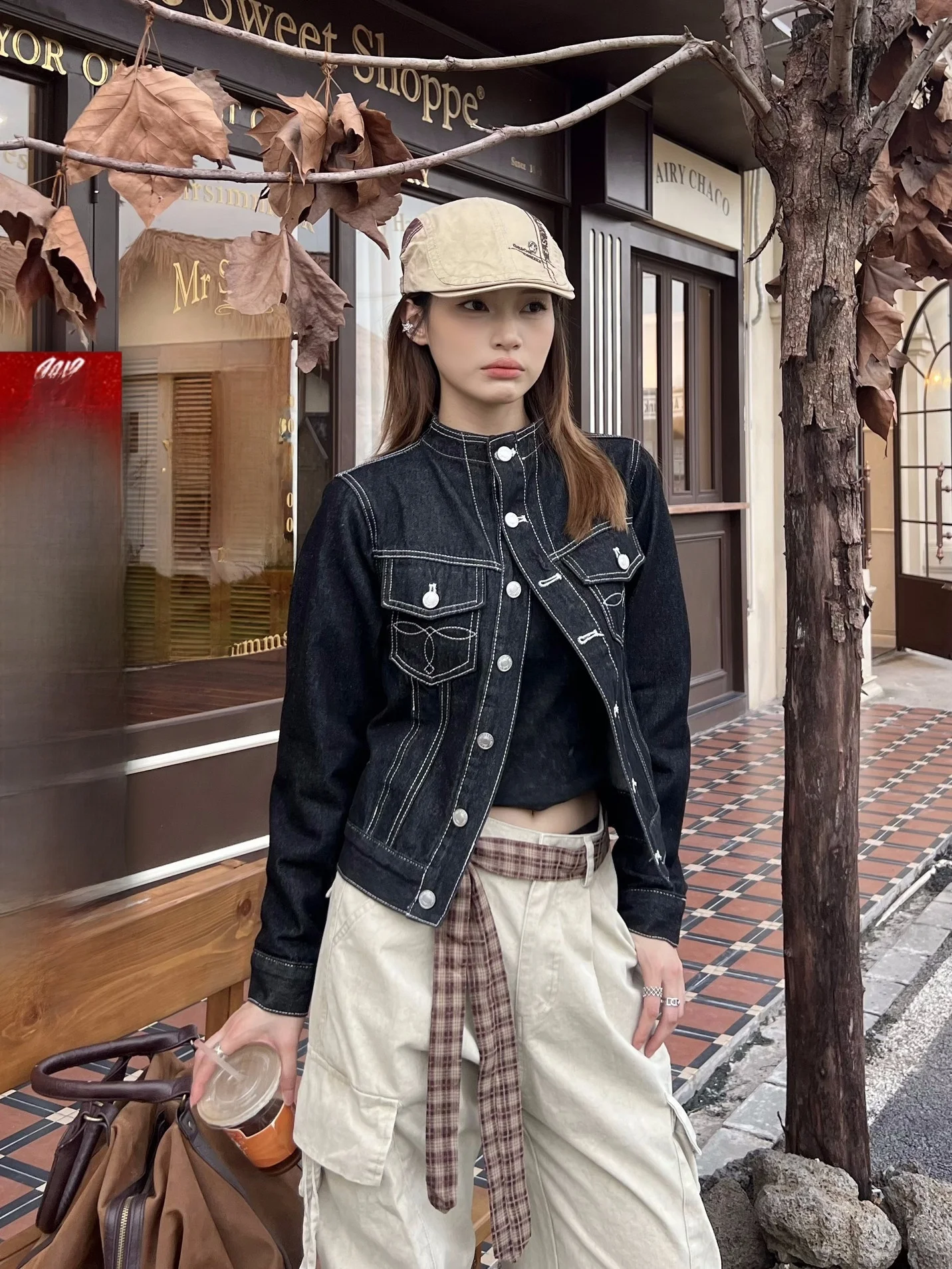 

XFX American Retro Stand Collar Embroidered Loose ort Denim Jaet Women's Autumn High Street Top Trendy Cotton Outer...