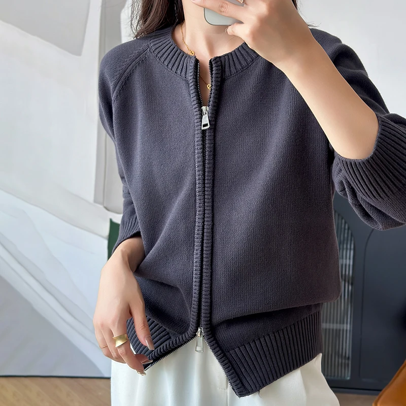 YTFidio 100% Cotton Women O-neck Thick Zipper Solid Cardigan Luxury Designer Clothing Woman Pullover Female Tops 401 image 3