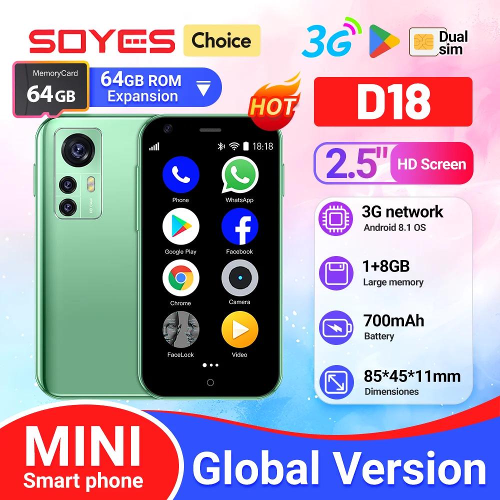 

SOYES D18 Мини-смартфон Android Сеть 3G четырехъядерный процессор 700 мАч задняя 5-мегапиксельная камера с двумя SIM-картами и двойным режимом ожидания