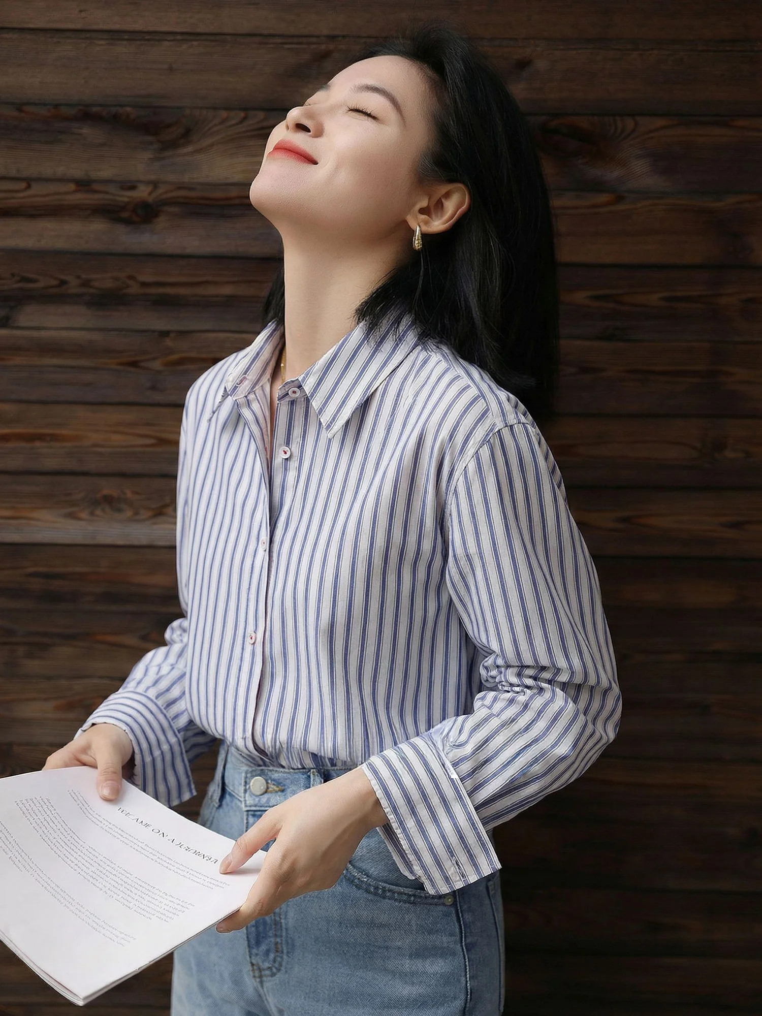 

Женская модная весенняя одежда: свободная хлопковая рубашка в полоску с длинным рукавом, воротником-стойкой и пуговицами, эффект стройности