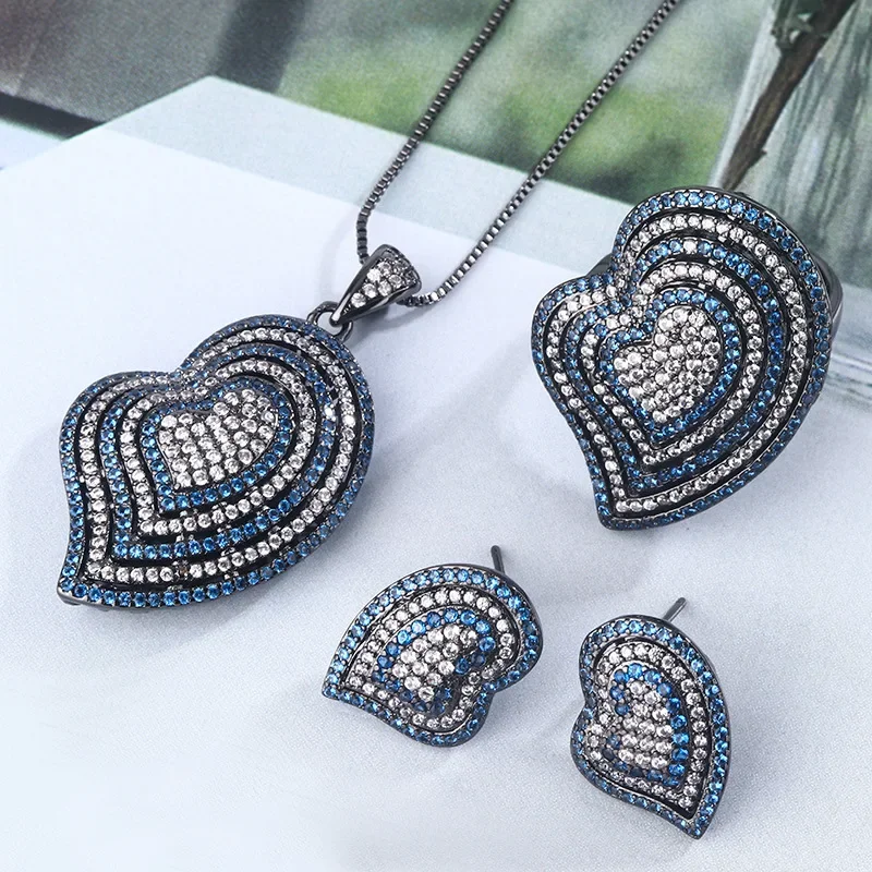 

Adjustable Heart Shaped Ring Jewelry with Blue and White Cubic Zirconia Earring Necklace Women's Fashion Magnificent Accessories