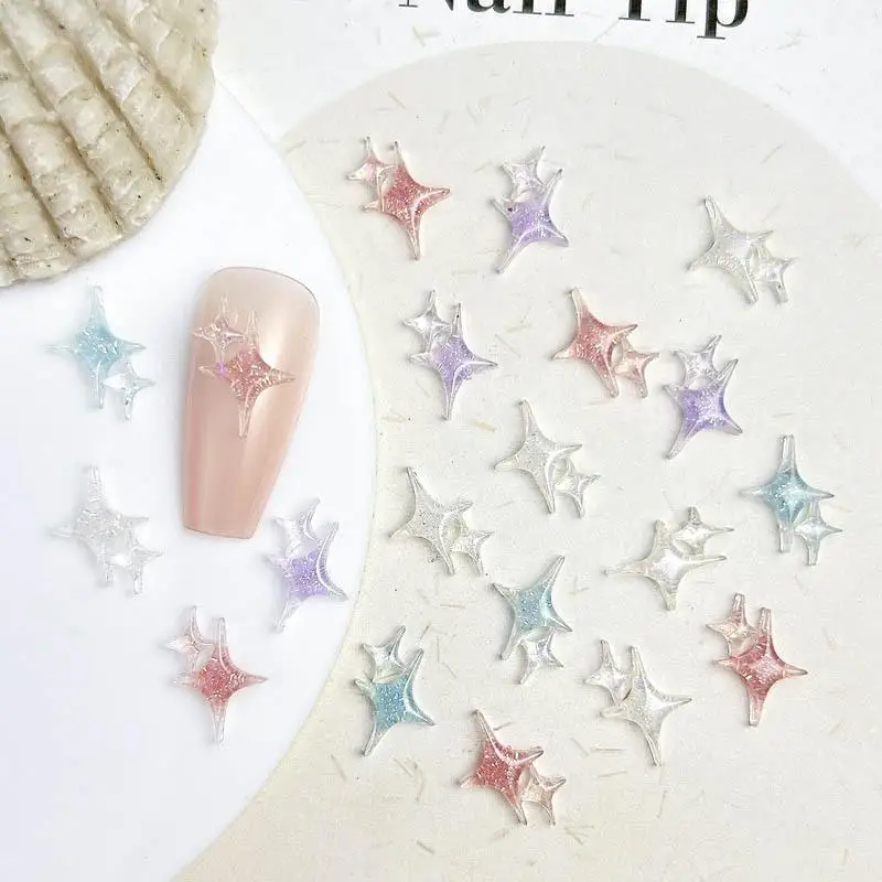 50pcs Luminous Macaron Color Four-pointed Star Nail Art Decorations 3D Cross Double Stars Nail Charms Accessories for DIY Nails
