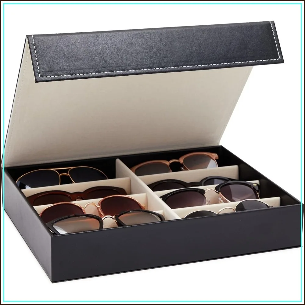 

8-Slot Glasses Case Organizer, Faux Leather Sunglasses Storage for Nightstand & Desk, Flip-Top Display Case, 12.6x9.8x2.5 in
