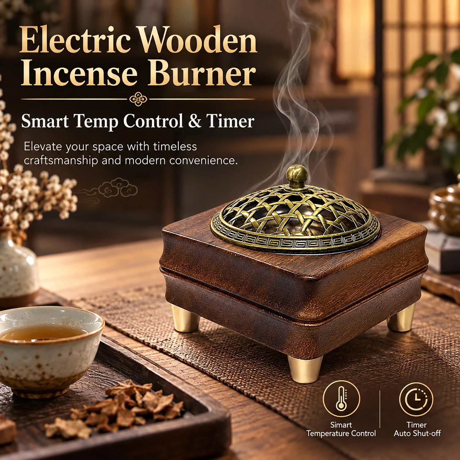 Wax Melt Burner - เตาเผาเครื่องหอมอิเล็กทรอนิกส์ไม้ ใช้พลังงานจาก USB เตาเผาน้ำมันหอมระเหย ปรับอุณหภูมิและตั้งเวลาได้ เตาเผาบาคฮูร์