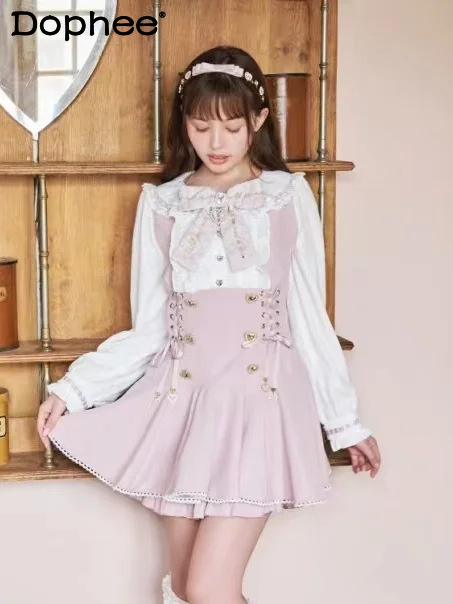 Sweet Puff Sleeve Top and Shorts Two-Piece Set Women Spring Summer Japanese Bow Embroidered Shirt Top Shorts Suit Lolita Clothes