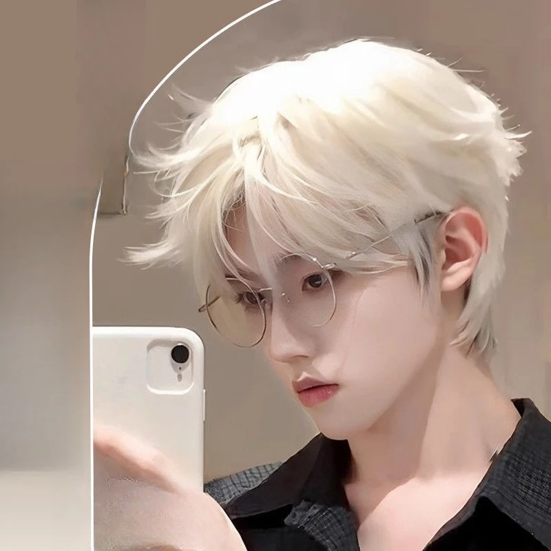 Men's Synthetic Hair Short Hair Micro-Parted Messy Bangs Full Head Cap with Buttons Heat-Resistant Fiber Short Wig Boys Students