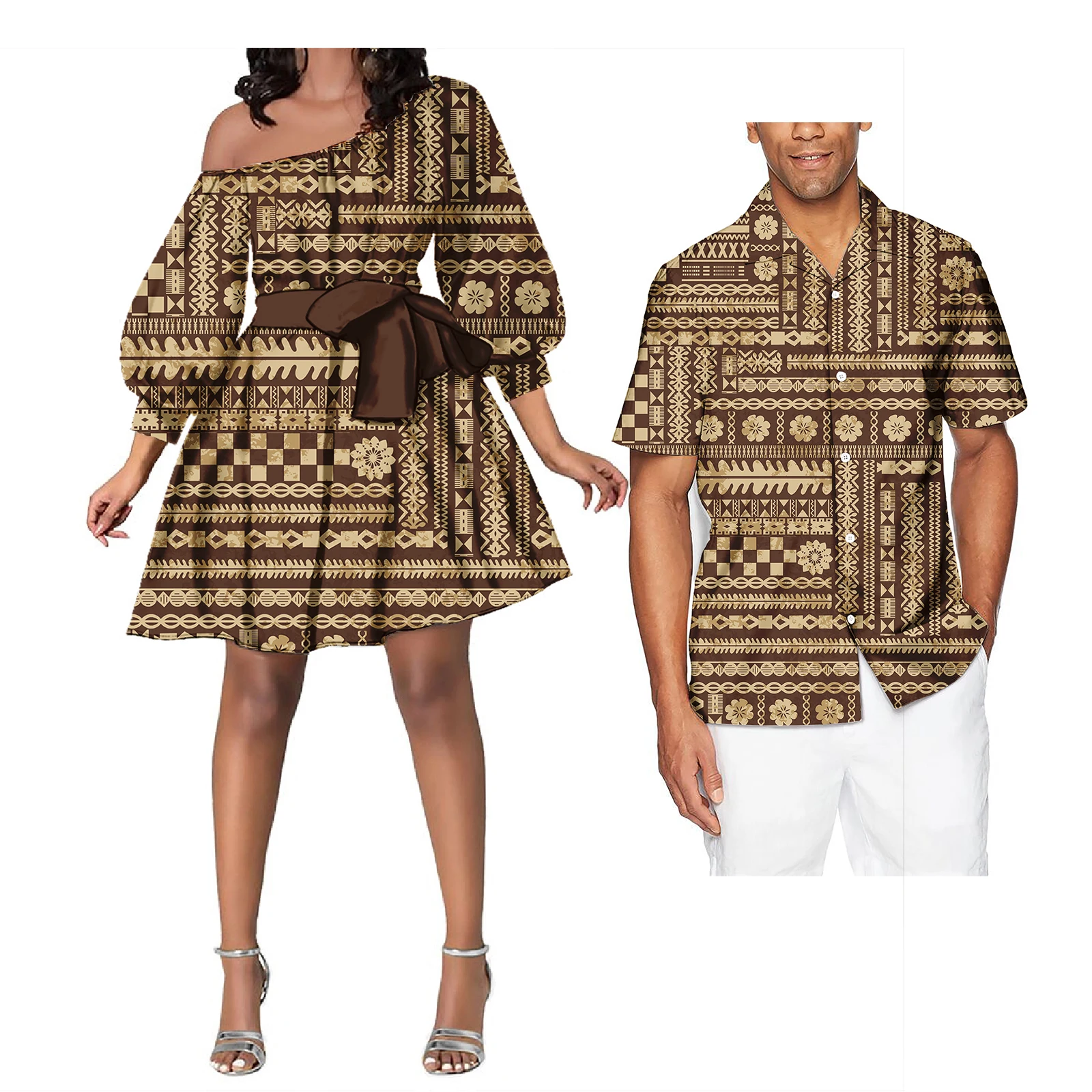 Paar Outfit Sets Dames Avondjurken Polynesische Patroon Ontwerp Klassieke Heren Hawaiiaanse Shirts Overeenkomen Met Vrouwen Plus Size Jurk