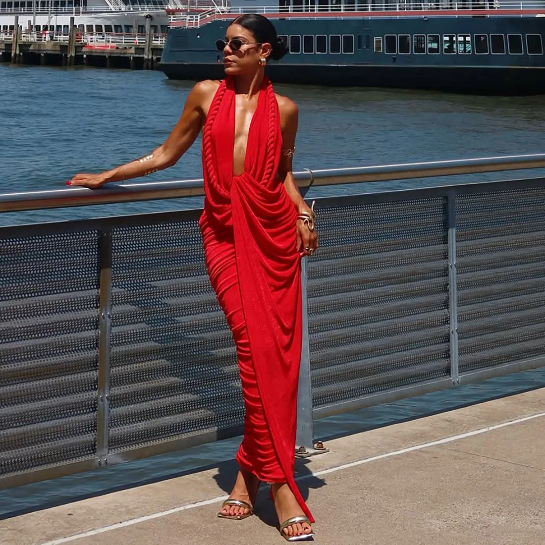 

Sexy Backless Long Evening Dress Women Deep V-Neck Halter Irregular Maxi Dress Midnight Club Party High Waist Bodycon Vestidos