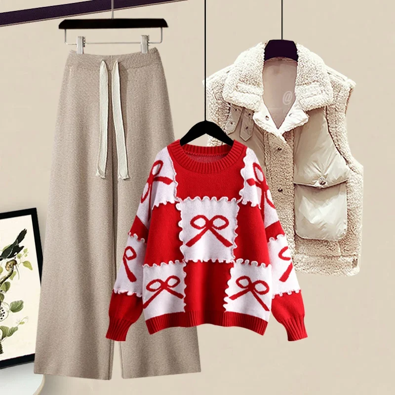 

Модный женский зимний комплект: вязаный топ с бантом и брюки с высокой талией и широкими штанинами, комплект из двух предметов в стиле «ленивый шик»