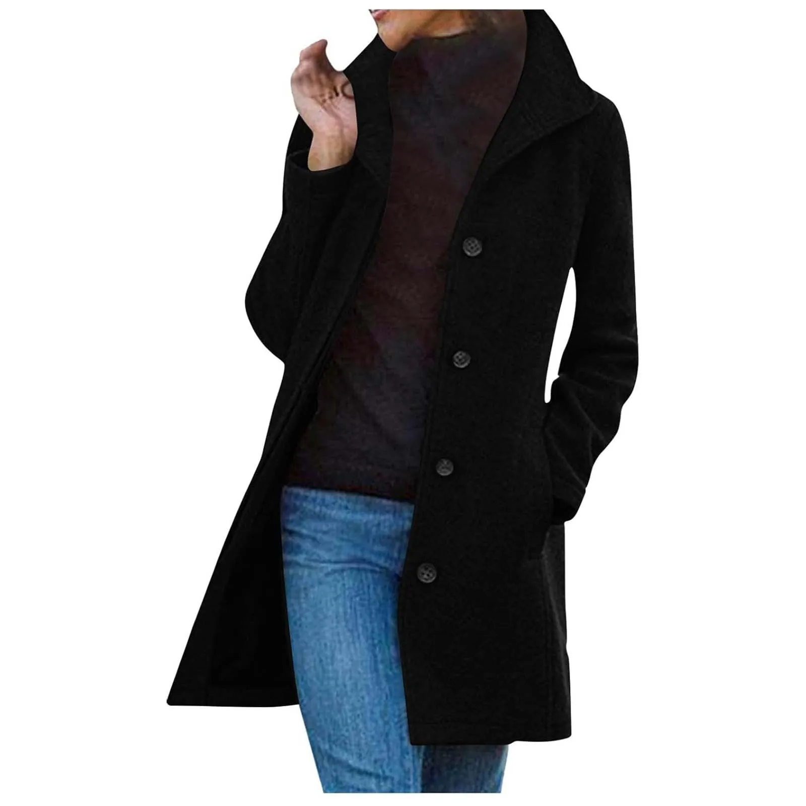 Elegant Women Woolen Coat Autumn Winter Fashion Long Sleeve Lapel Singel Breasted Mid-Length Trench Coats Black Outwears Jackets