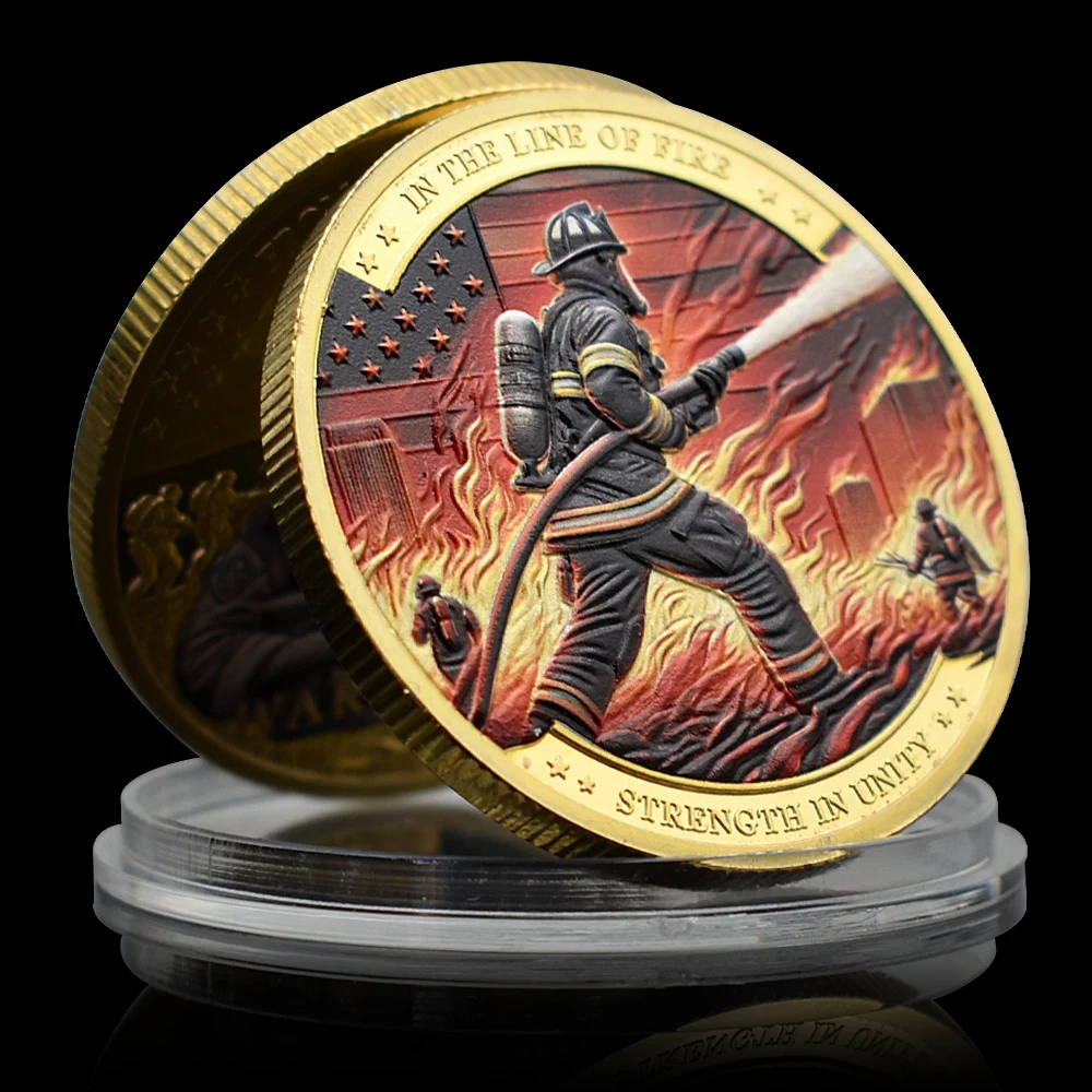 Firefighter Bravery Service in The Line of Fire Gold/Silver Plated Collect Coin Strength in Unity Memory Medal in Capsule