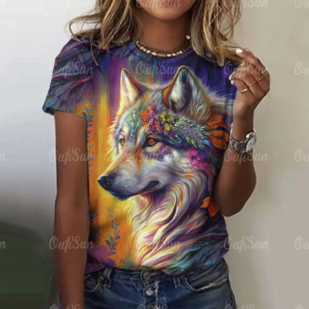 Summer T-Shirts For Women Wolf Print Tees O Neck Loose Short Sleeve Blouse Female Fashion Animal Graphic Tops Casual Streetwear