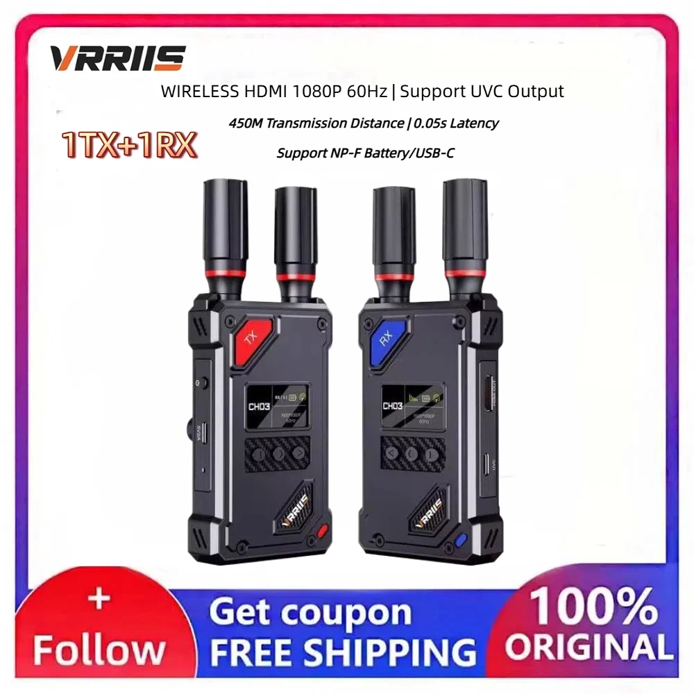 VRRIIS WL087 450M Wireless HDMI Extender 1TX1RX Low Latency UVC Video Transmission Kit for DSLR Camera Live Broadcast Meeting Ca