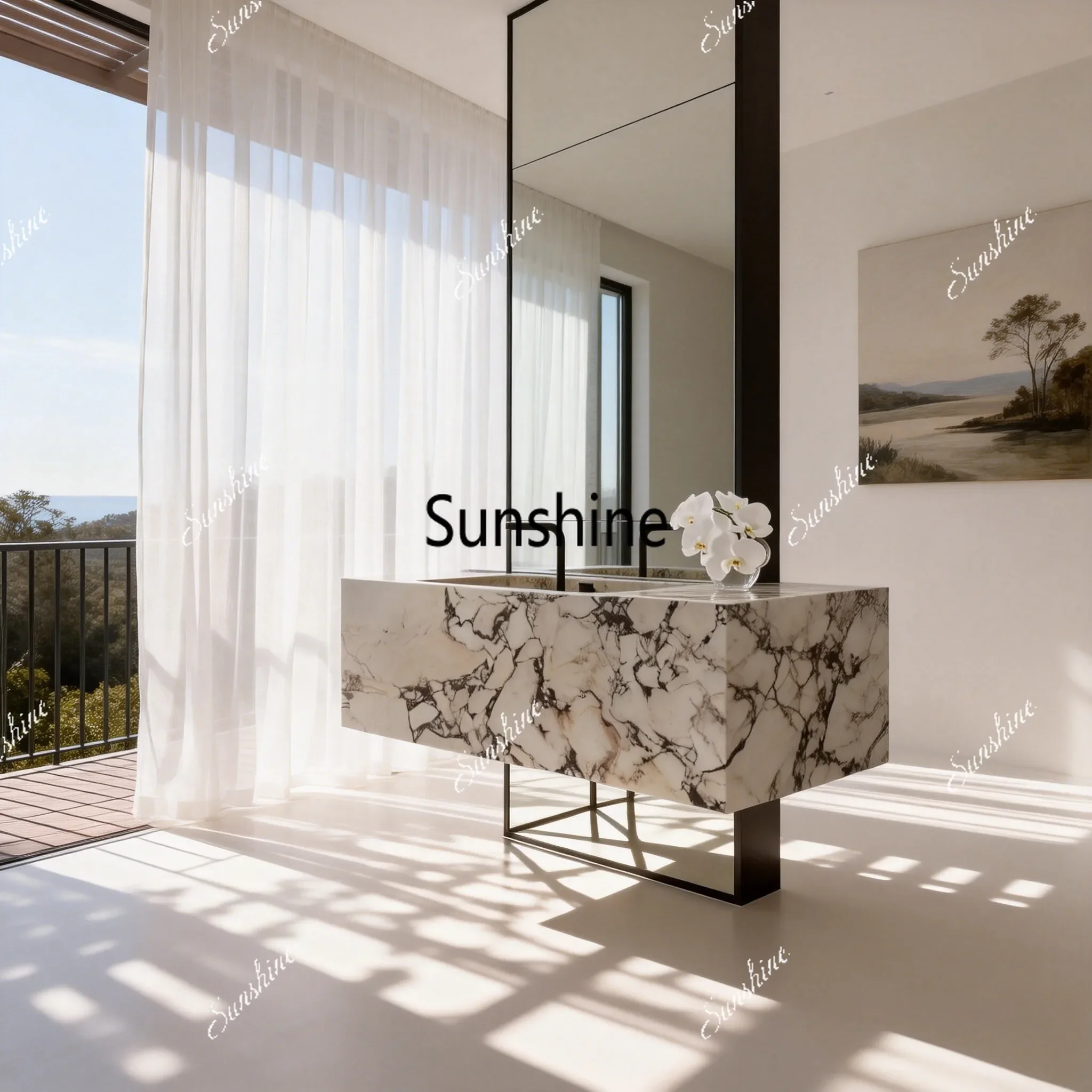 Rock slab integrated seamless basin bathroom cabinet hotel villa light luxury high-end washstandT*