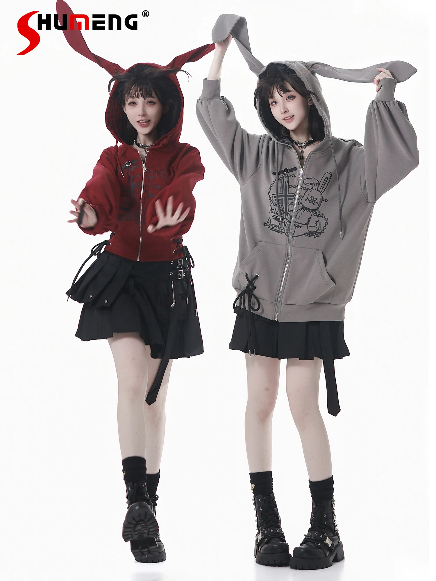 

Модная уличная одежда, стильные милые крутые толстовки с кроличьими ушками для девочек, свободные повседневные толстовки на молнии и шнуровке с принтом, женская осенняя куртка