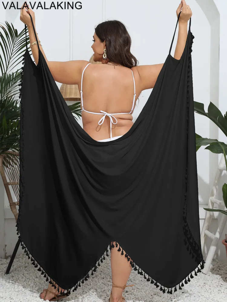 2025 Solid Women Plus Size Bikini Cove Up Tassels Large Cross Big Tunic Lady Chubby Beach Dress Brazilian Swimsuit Cover-Ups