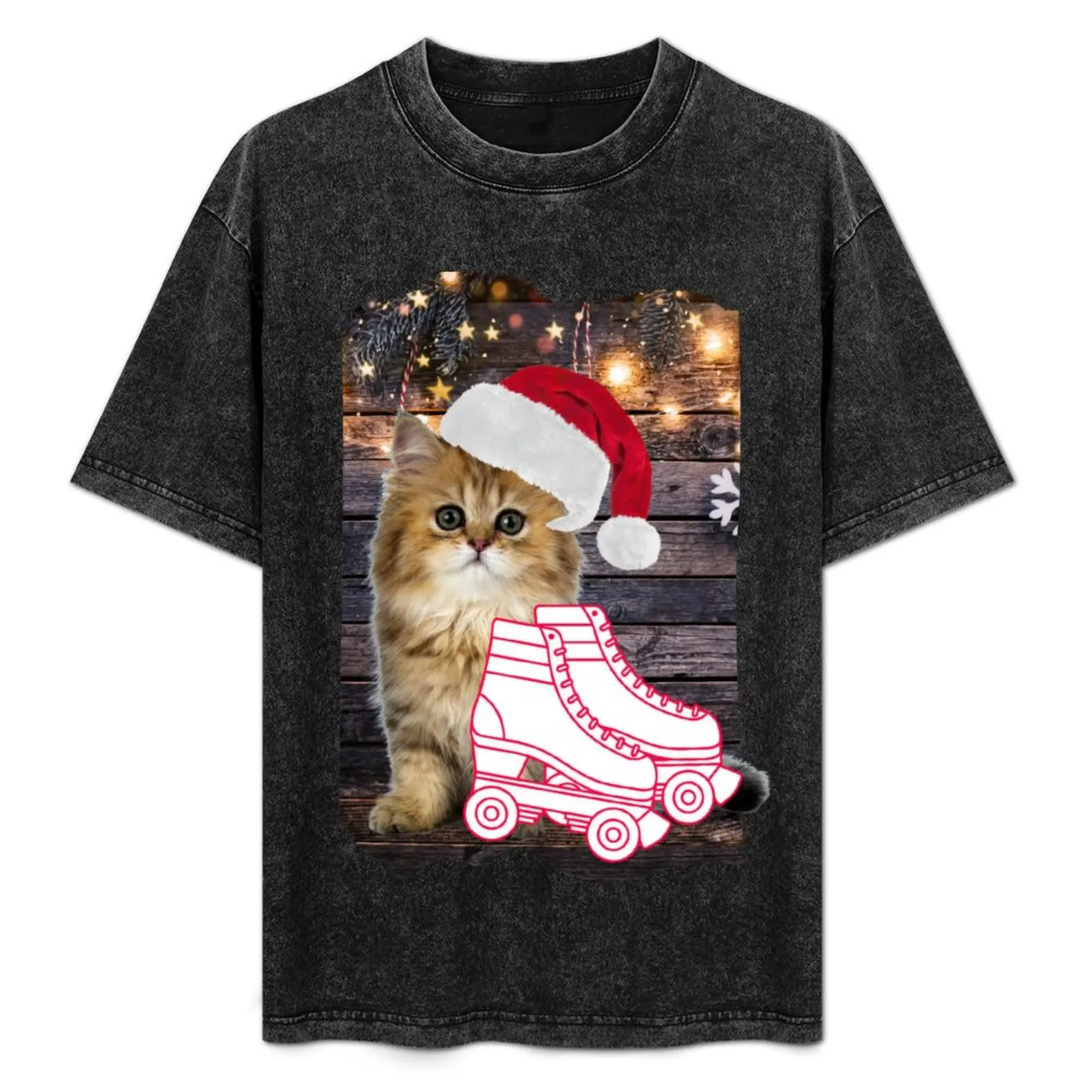 

Merry Christmas Cat with Roller Skates T-Shirt Daily Work Short Sleeve Top