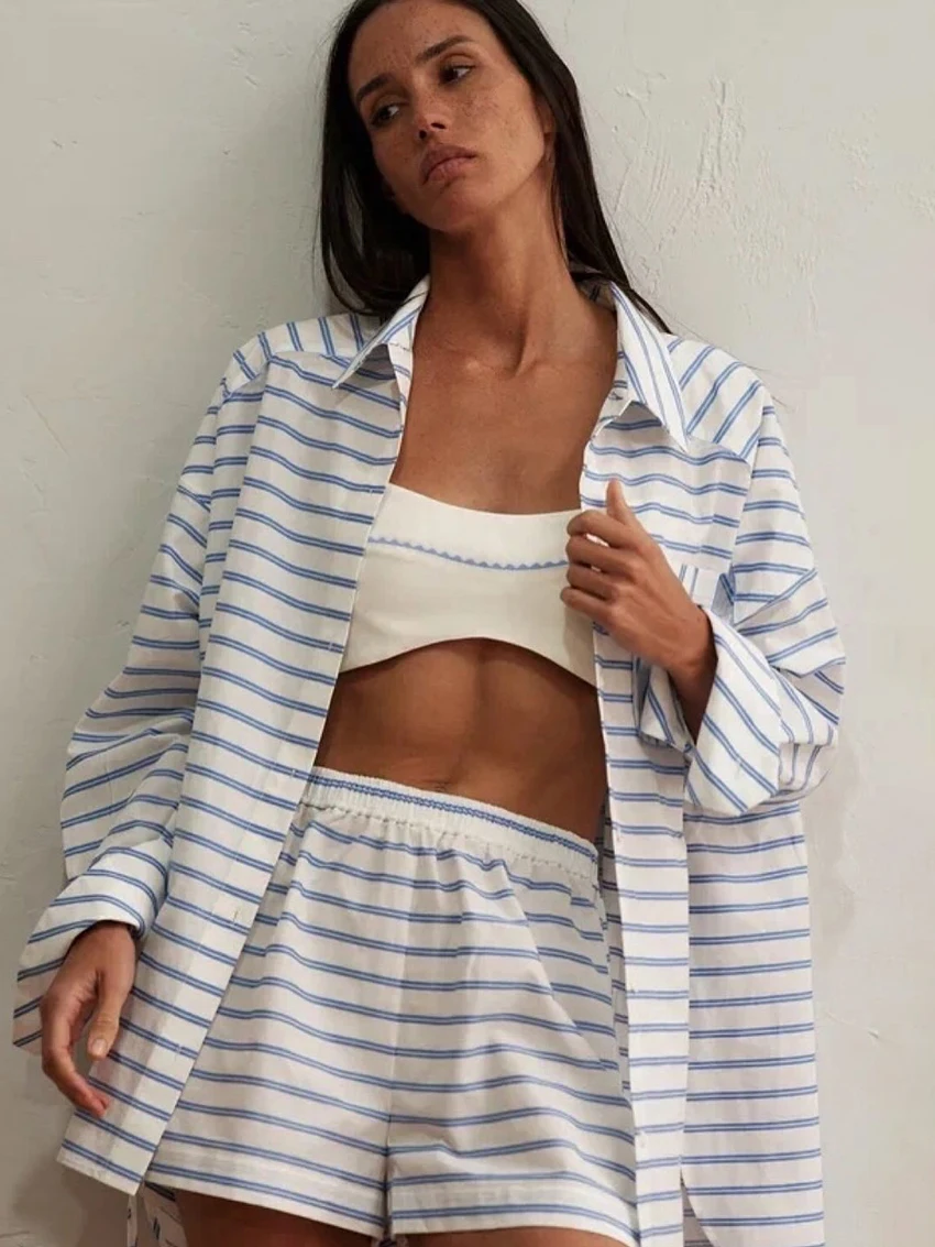 

Marthaqiqi Loose Women Pajamas Set Long Sleeve Sleepwear Turn-Down Collar Nightgown Lace Up Shorts Striped Ladies Nightwear Suit