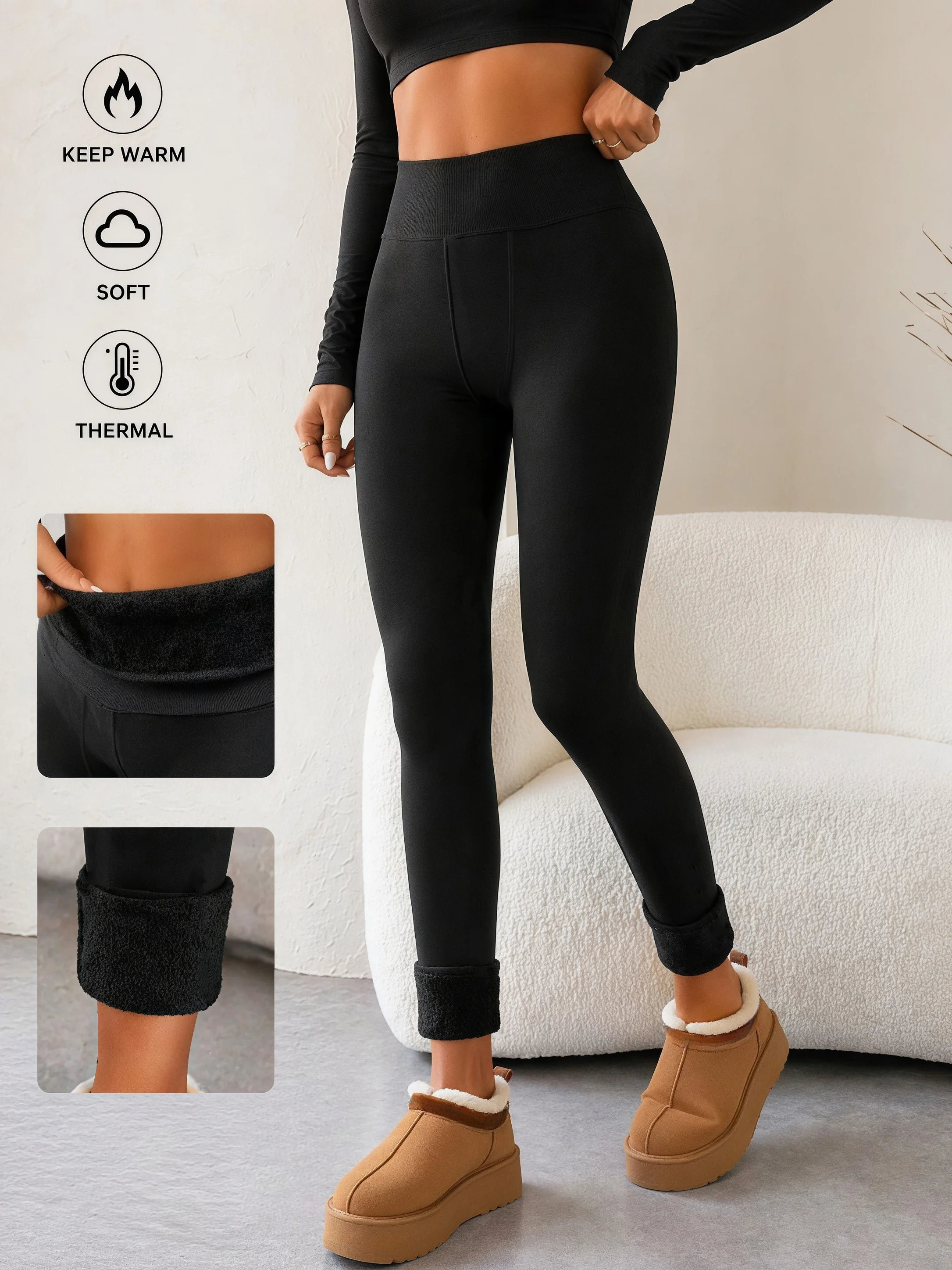 1-Pack Black High Waist Fleece Lined Thermal Leggings Soft Stretchy Warm Slim Pants for Cold Weather Outdoor Activities