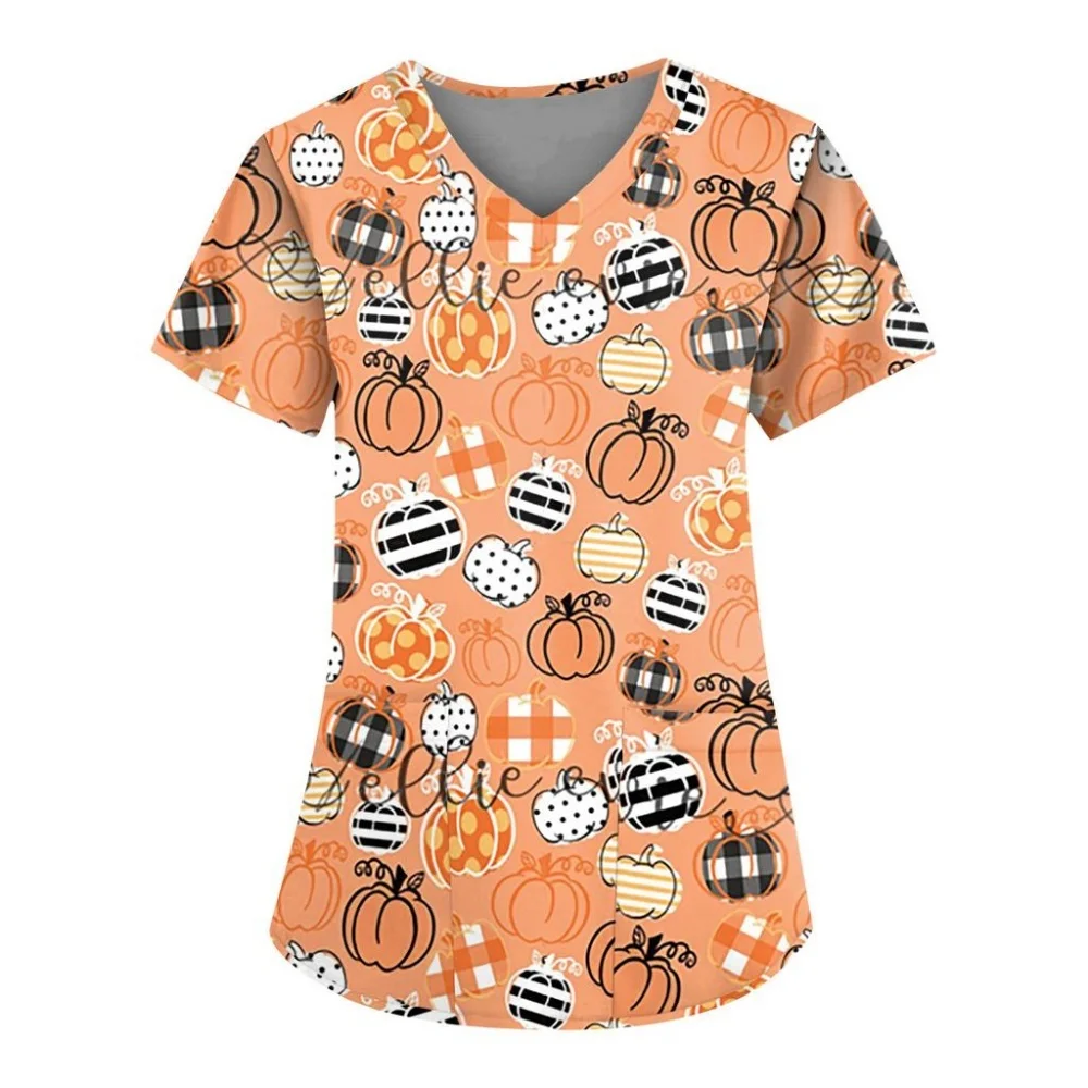 

New Women Halloween Print Nurse Uniform Short Sleeve Scrub Uniform V-neck Blouse Tops Pocket Carers Work Wear Medical Uniforms