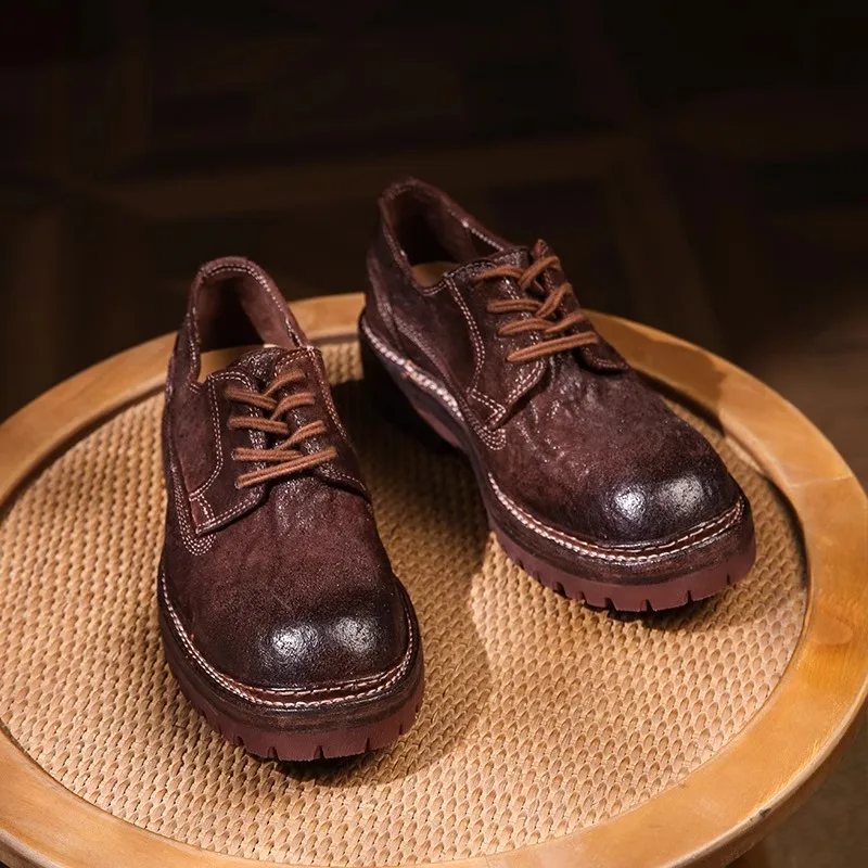 Handmade Retro Men Work Shoes Genuine Leather Thick Sole Casual Big Round Toe Derby Shoes Outdoor Hiking Desert Shoes