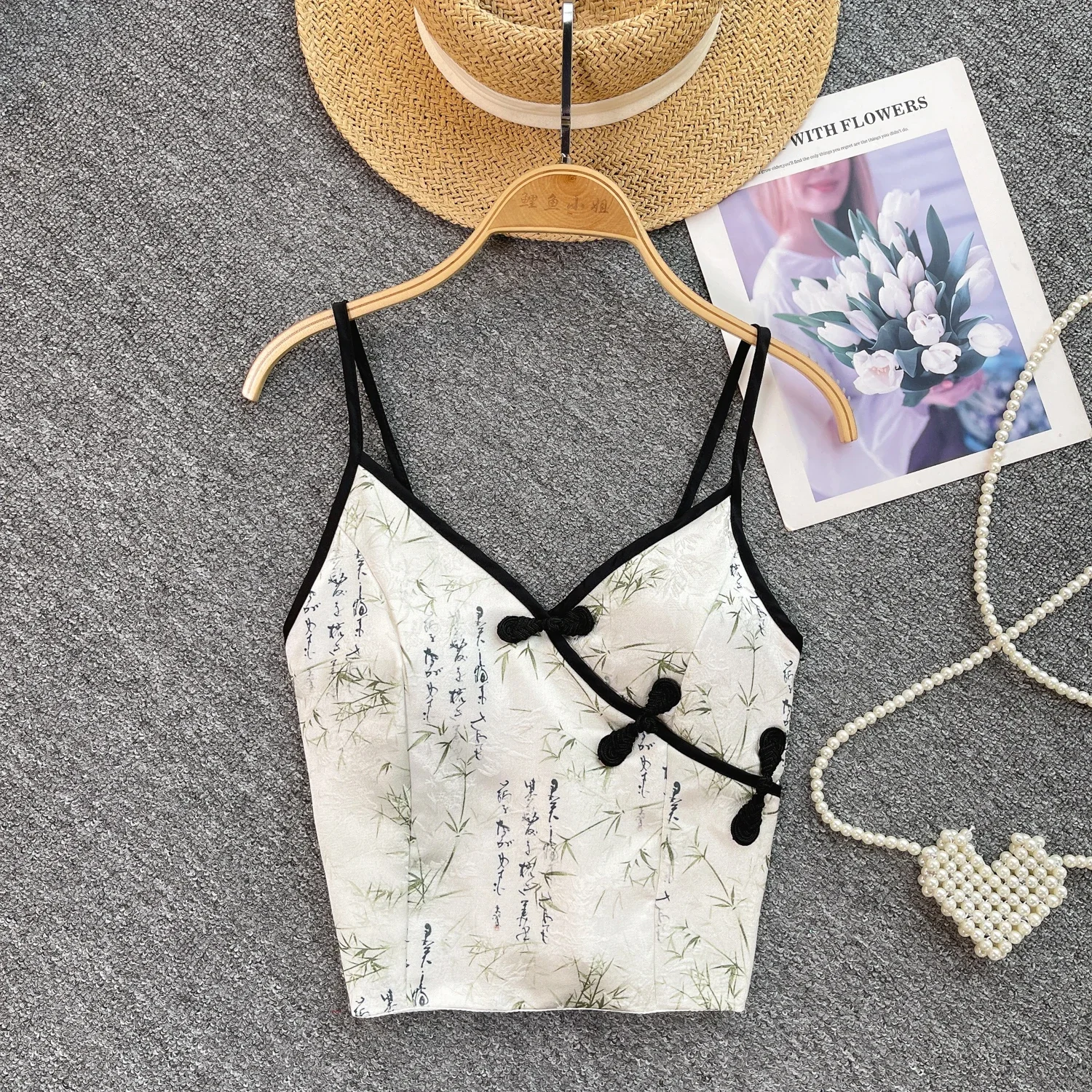 

Chinese ink and wash print crop top summer women camis with chest pads for slimming camis versatile tank top