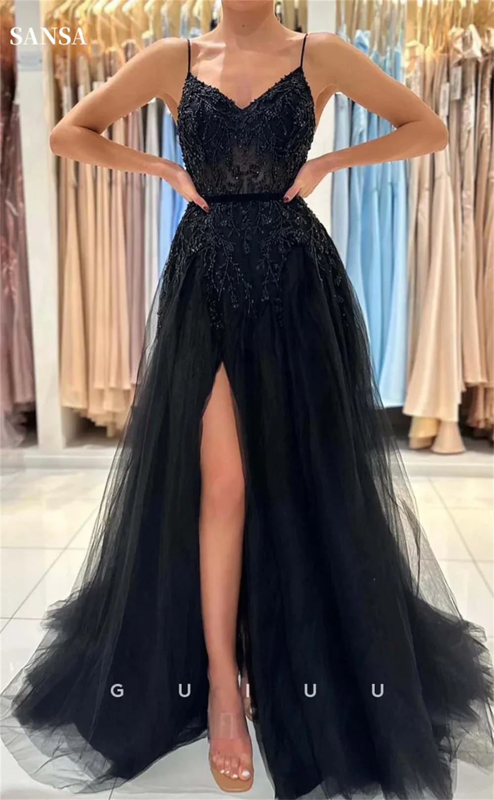 Sansa Black Tulle Prom Dresses Spaghetti Strap A-line vestidos de noche Elegancka sukienka bez rękawów Sexy Side Split Formal Evening 2024