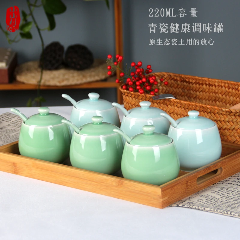 Банка для хранения, керамическая однотонная сумка подглазурного цвета, герметичная крышка, бутылка большой емкости с маленькой ложкой, бытовые кухонные принадлежности