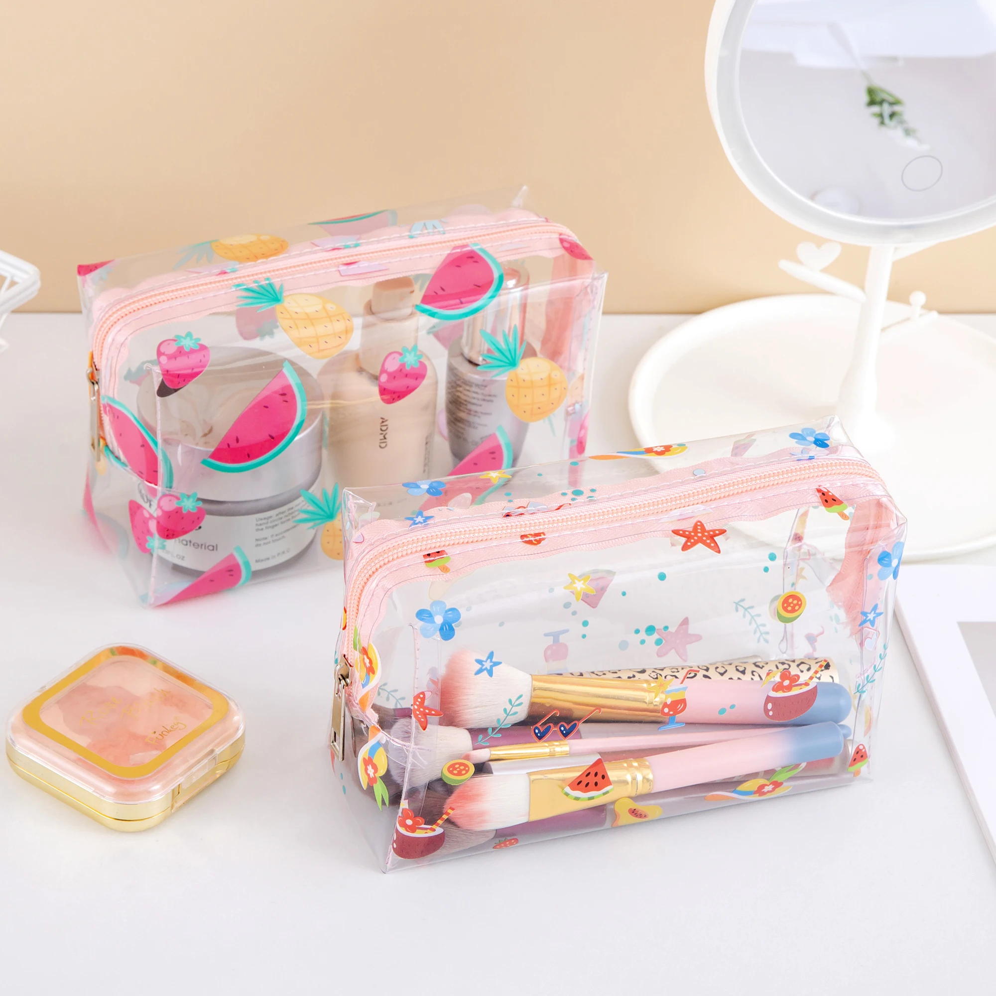 Summer Cute Waterproof Clear printing Cosmetics Bag PVC Zippered Toiletry Carry Pouch  for  Beach Swimming Travel