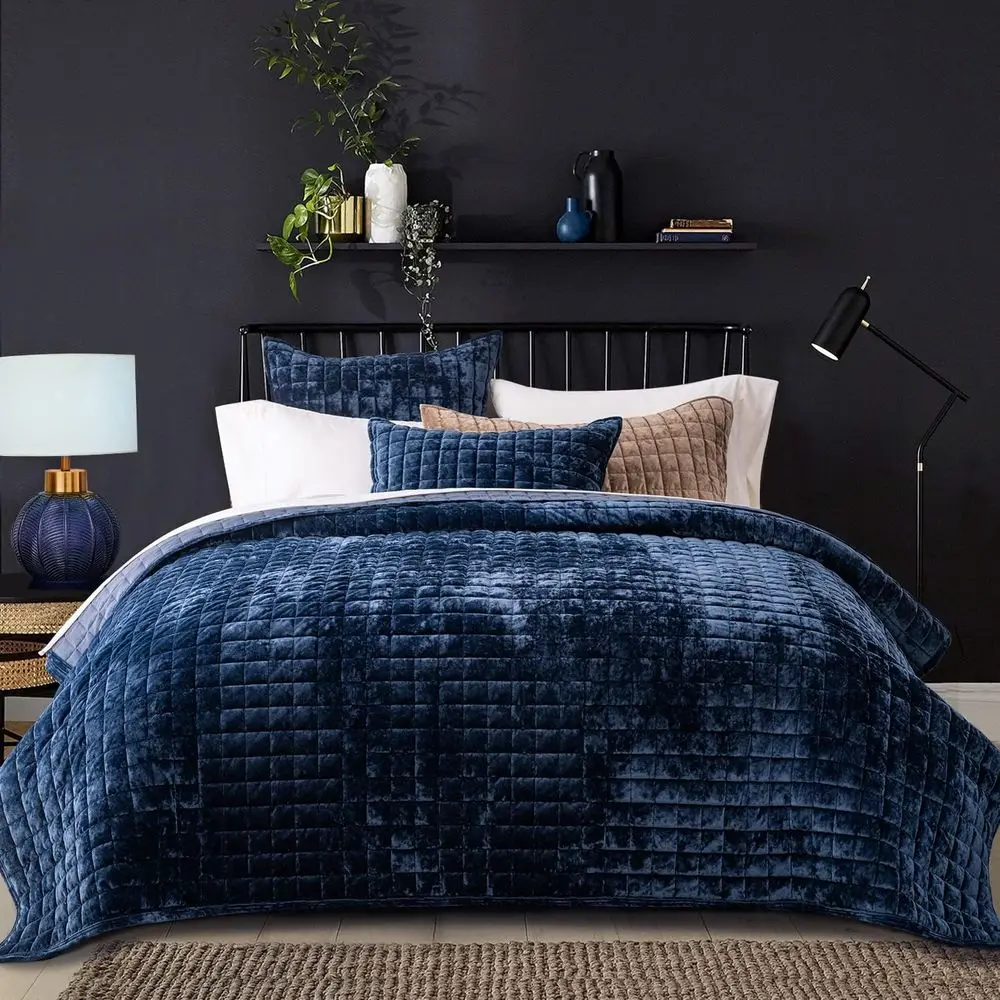 

King Size Velvet Quilt Set - Lightweight, Oversized Coverlet with 2 Pillow Shams, All-Season Navy Blue Bedding