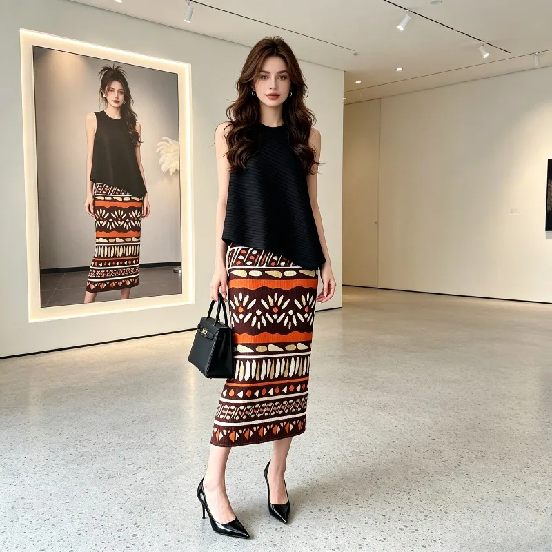 Miyake Pleated 2026 New Original Skirt Women Casual Retro Comfortable Bohemian Totem Print High Waist Mid-Length Fashion Pleat