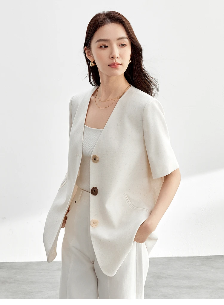 

SENTUBILA Linen Blend Tailored Coat For Women 2025 Spring Loose Fit Chic Spliced Button Short Sleeve V Neck Suit Coats 151X58255
