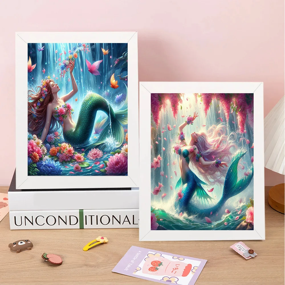 5D Diamond Beautiful Mermaid Dancing In The Flower Waterfall Painting DIY Mosaic Kits Full Drills Embroidery Cross Stitch Decor