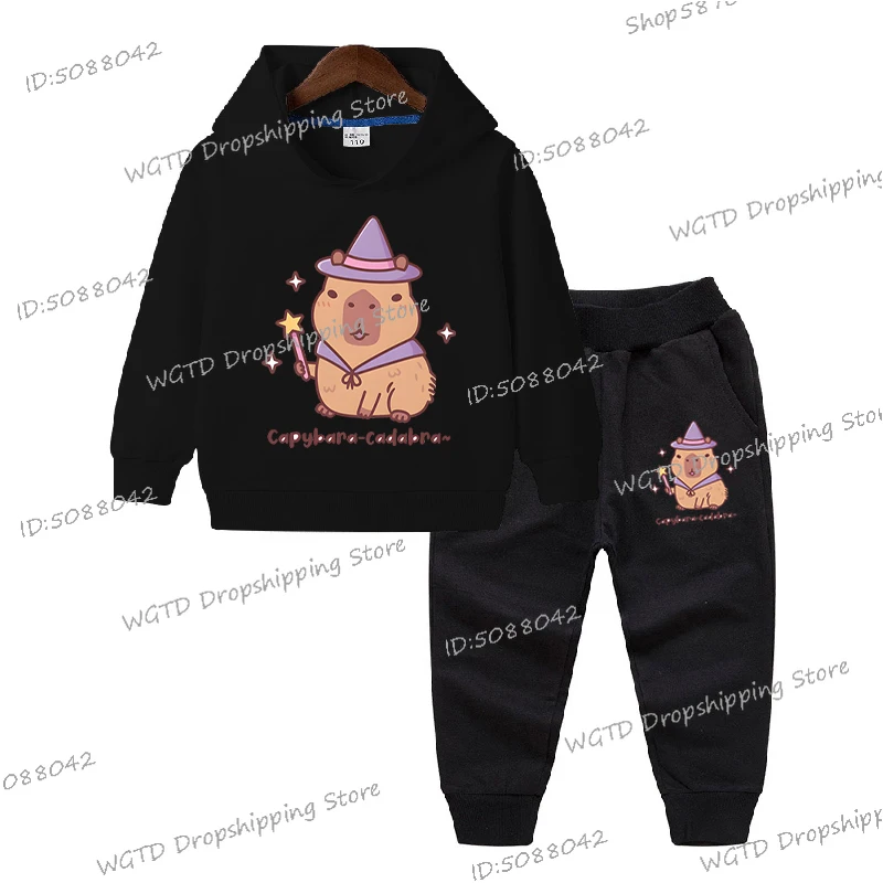 Cute Capybara Magic Capybara-cadabra Kids Clothes Suit Animal Kawaii Cartoon Set Cute Capybara Wizard Hoodies+Trousers 2Pc Set