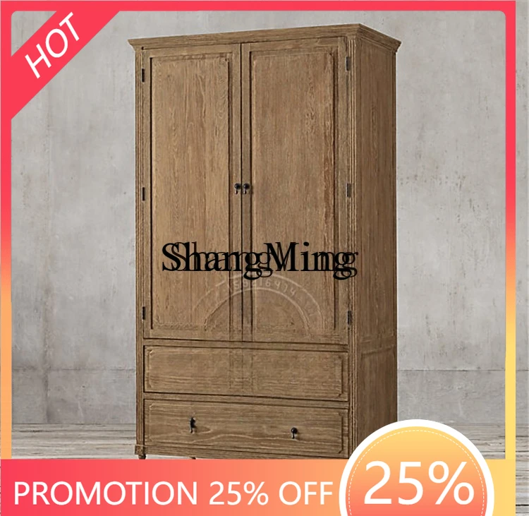 

FG good-looking rustic solid wood double door wardrobe retro oak locker wardrobe furniture