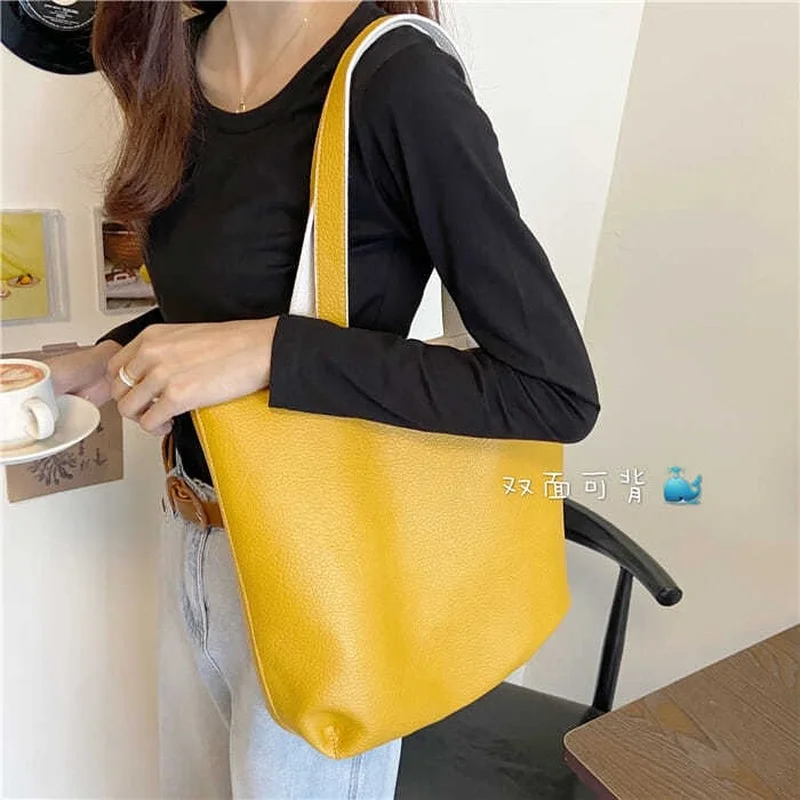 Tote Bag Women\'s 2022 New Large-capacity Soft Leather Double Sided Design One-shoulder Large Shopping College Girl\'s Bag