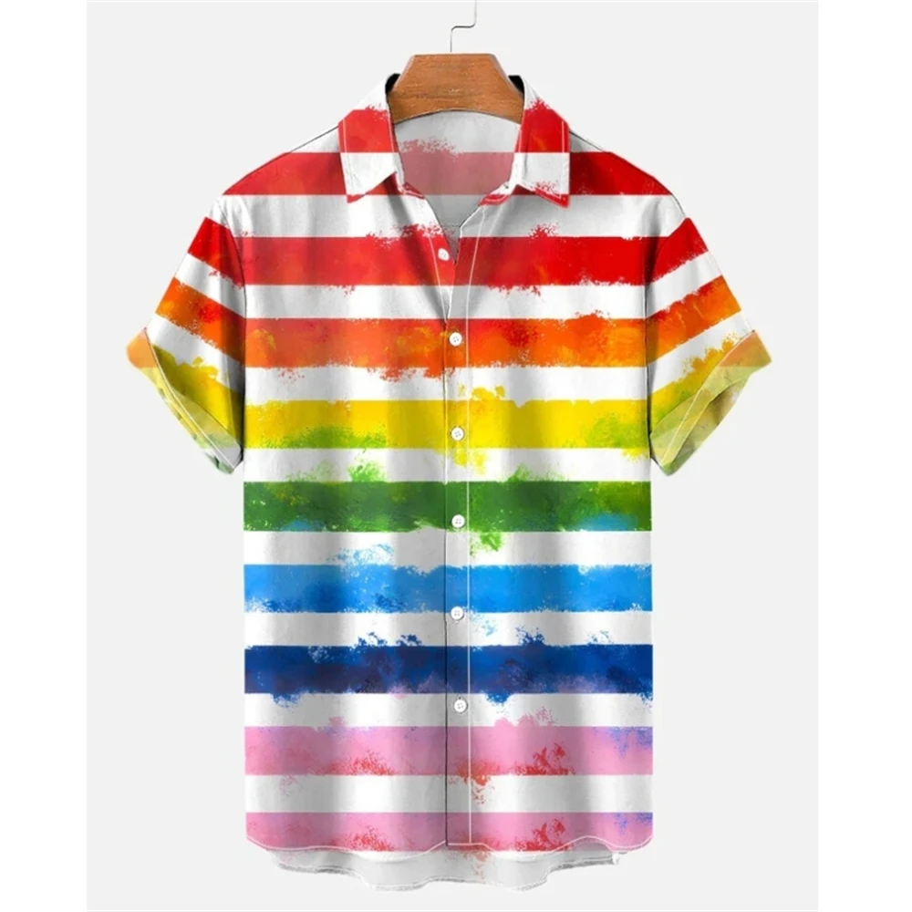 Summer Oversized Romantic Men\'s Shirt Rainbow Pattern Fashion Short Sleeve Print Top Simple High Quality Street Loose Hawaiian