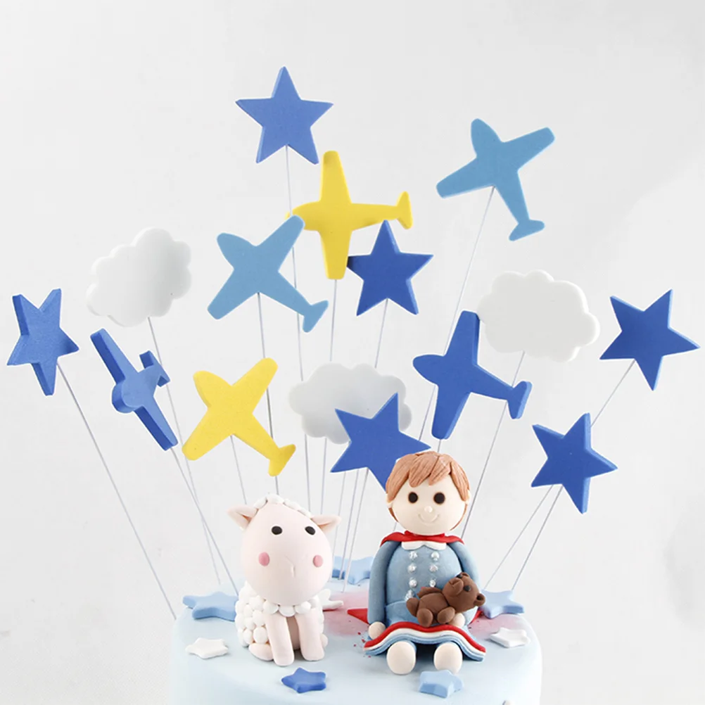 

16Pcs Airplane Theme Cake Decorations Cloud Star Toppers Food Safe Iron Wire Picks for Kids Birthday Baby Shower Anniversary